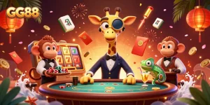 Experience GG88's vibrant casino atmosphere with a high-roller giraffe and vibrant gaming elements.