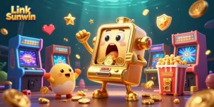 Engage in 3D fun with Link Sunwin at the vibrant jackpot scene featuring cartoon slot machines.