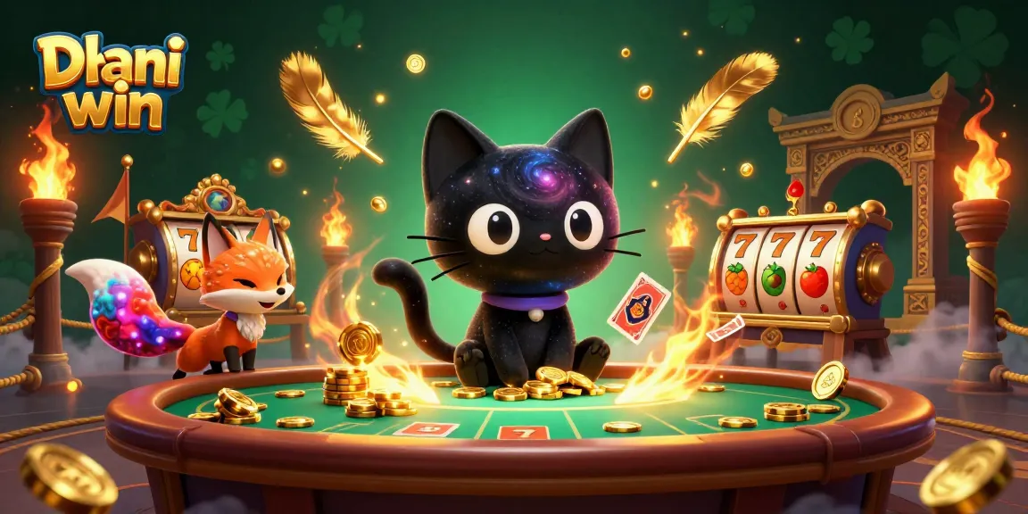 Dhani win showcases a cosmic scene with a black hole cat and a nebula fox enjoying slot games.
