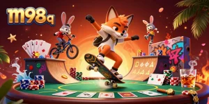 Experience the vibrant m98 q world with a skateboarder fox and BMX rabbit amidst dynamic casino energy.