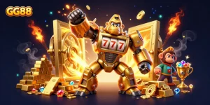 Experience the thrill of GG88 with our dynamic casino gaming illustration featuring a golden gorilla mech!