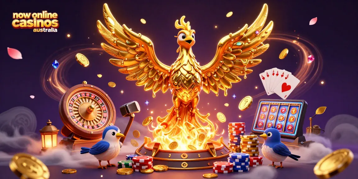 Spin winning reels at new online casinos Australia with golden phoenix and vibrant casino elements.